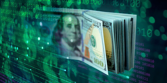 One hundred dollar bills in digital numbers.