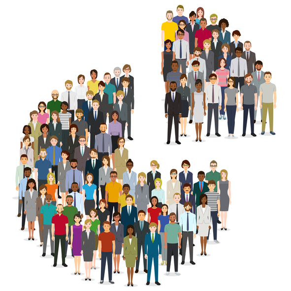 Segmentation shown by pie chart made of people 