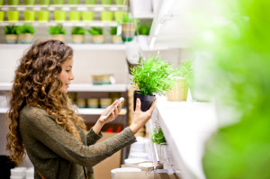 Woman shopping for plants in-store while on smartphone