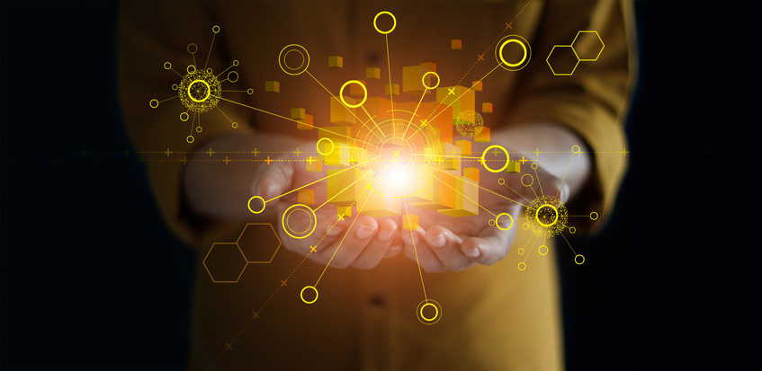 Hands holding global network 