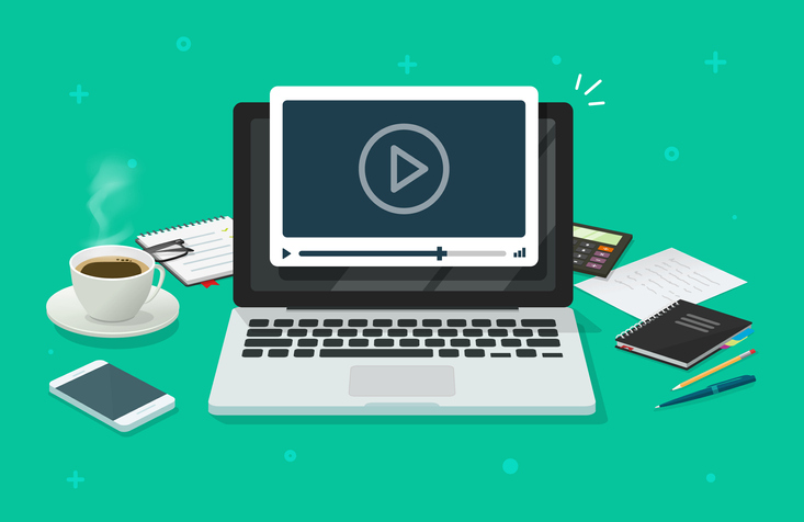 laptop watching video player, concept of webinar
