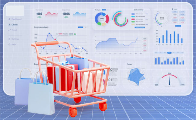 A pink shopping cart with shopping bags and gifts.
