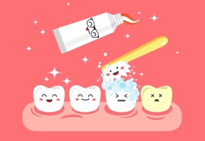 Tooth hygiene icon set. Cute, smiling and happy teeth are brushing with toothbrush and toothpaste. Flat style cartoon vector icons.