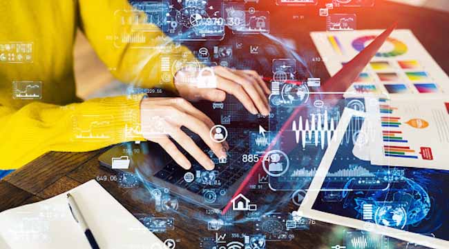 Female researcher using laptop to analyze AI results through a futuristic virtual interface.
