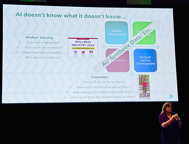 An image of Angelina Iturrian, the speaker from Purpose Brands, speaking during her session with her slideshow behind her at Quirk’s Event – Chicago.