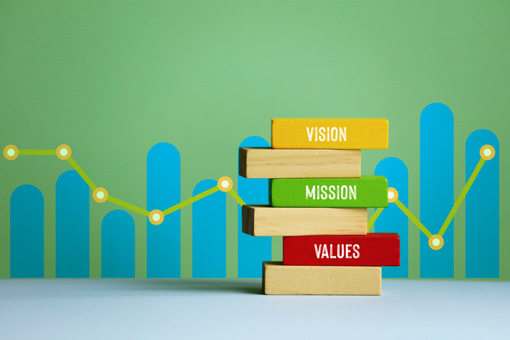 Mission, values, vision. Wood block and graphic