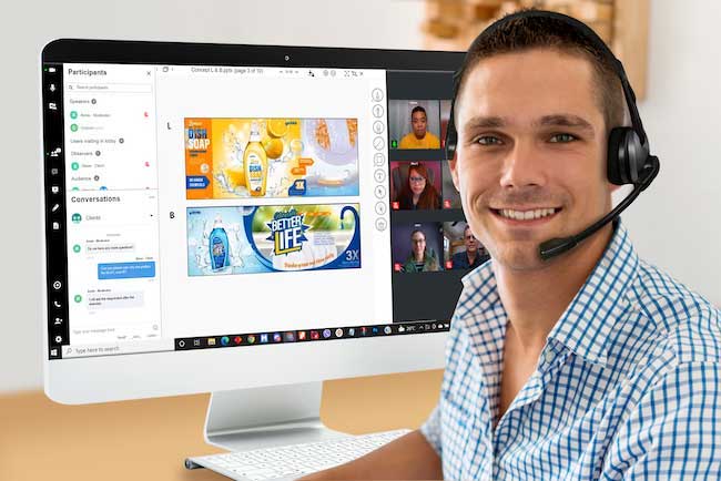 Civicom image, man with headset using Civicom website.