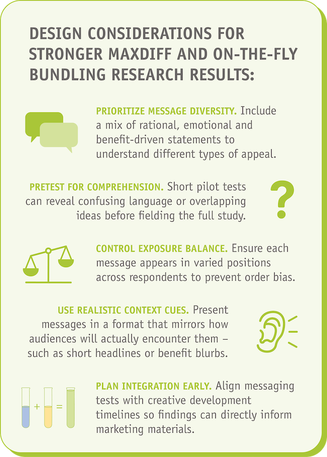 Design considerations for stronger MaxDiff and On-the-Fly Bundling research results ●Prioritize message diversity. Include a mix of rational, emotional and benefit-driven statements to understand different types of appeal.  ●Pretest for comprehension. Short pilot tests can reveal confusing language or overlapping ideas before fielding the full study.  ●Control exposure balance. Ensure each message appears in varied positions across respondents to prevent order bias.  ●Use realistic context cues. Present messages in a format that mirrors how audiences will actually encounter them—such as short headlines or benefit blurbs.  ●Plan integration early. Align messaging tests with creative development timelines so findings can directly inform marketing materials.