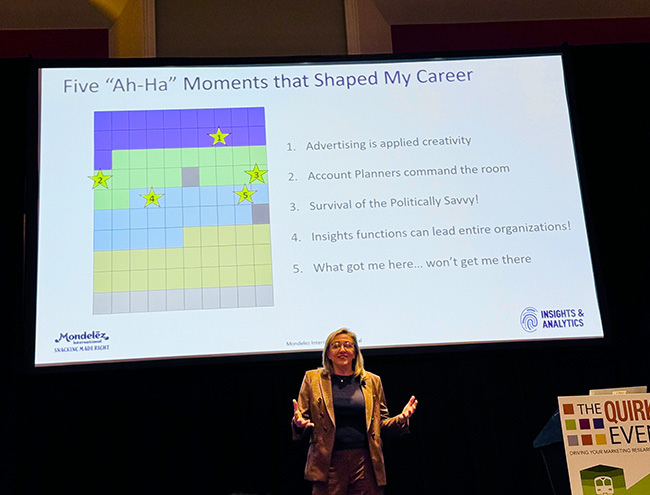 An image of Pamela Forbus, the speaker from Mondelez International, speaking during her session with her slideshow behind her at Quirk’s Event – Chicago.