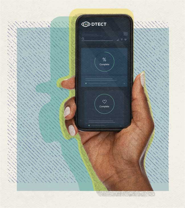 Mobile phone with dtect platform on the screen.