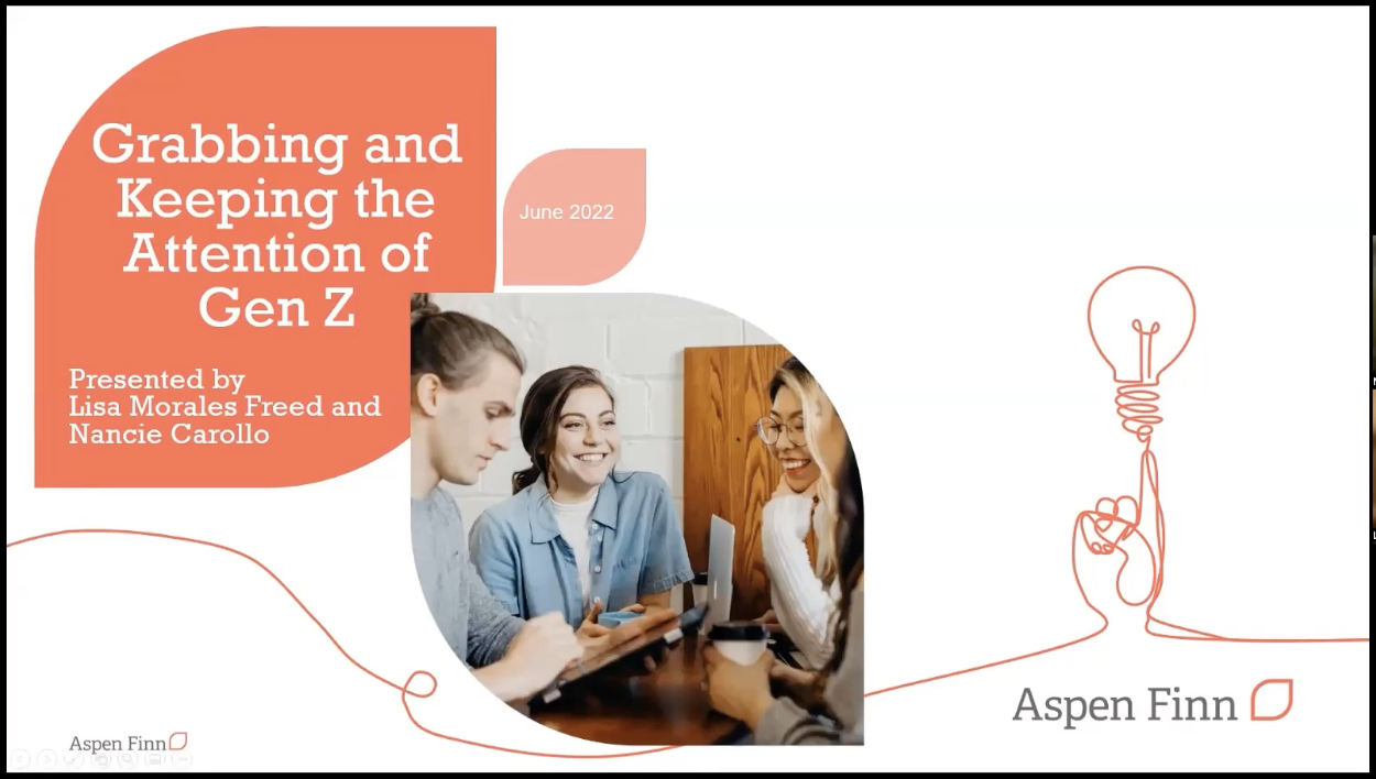 Aspen Finn's July webinar opening slide on grabbing Gen Z's attention and keeping it.