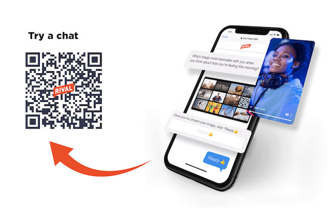 Rival Technologies mobile phone conversation and QR code.
